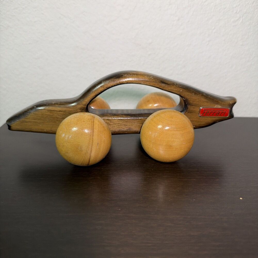 Vintage Ferrari Two-Tone Wooden Back Massager Roller Car Vehicle 10x4x3.5"